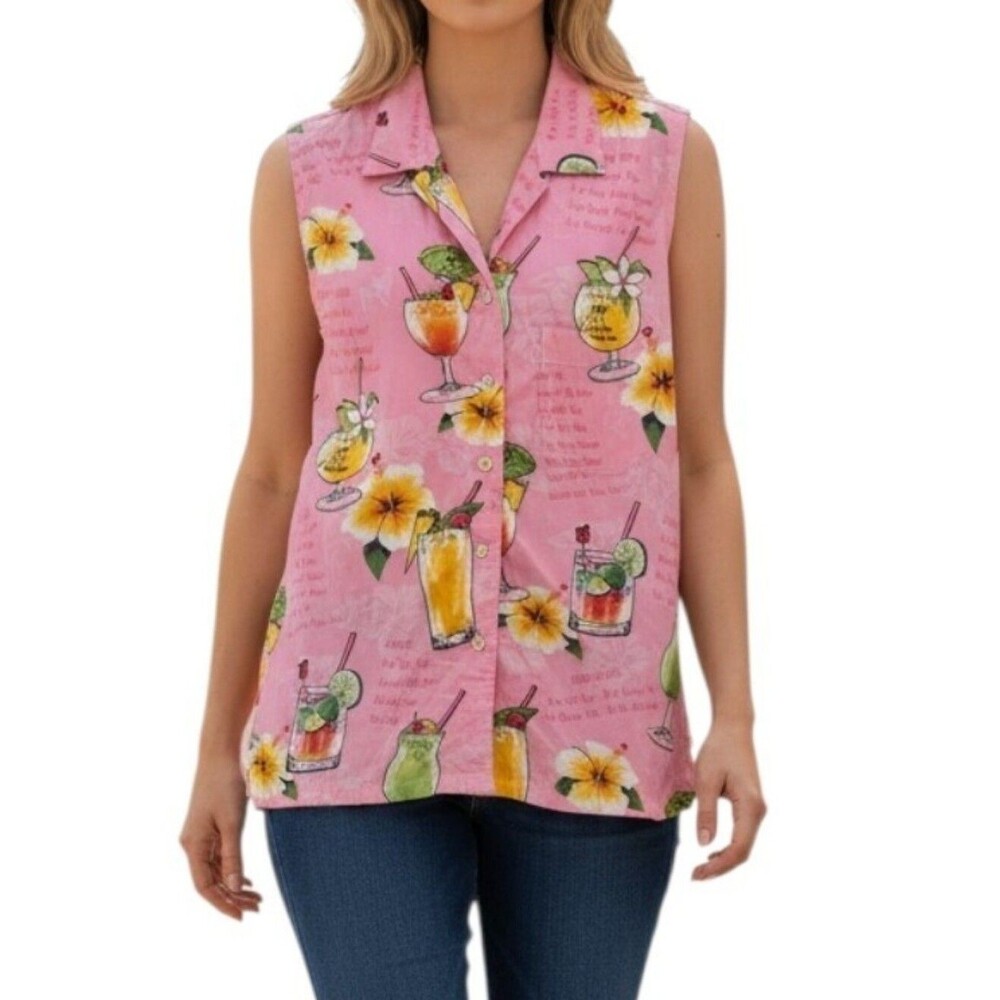 Big Dogs Pink Beach Drink Button Down Tank Blouse
